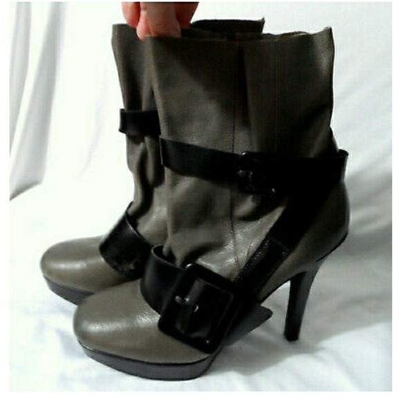 BACIO 61 Heeled Booties 7.5M Taupe Black Strappy - Picture 4 of 10